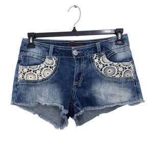 NO BOUNDARIES Denim & Lace Womens Shorts Size 11 Frayed Hem Jean Shorts